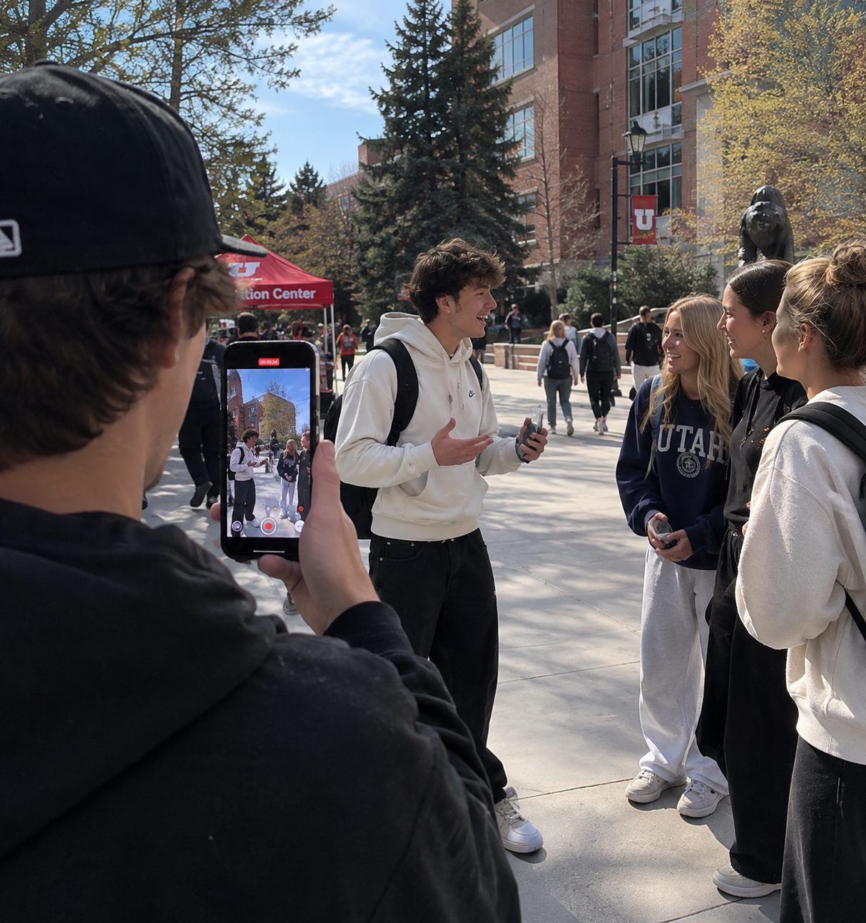 A creator interviewing students on a college campus